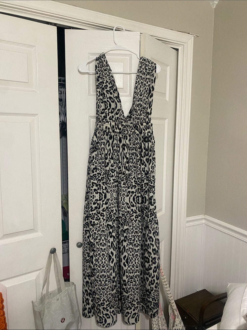 Black & White Leopard Print Maxi Dress with Plunging V-Neck